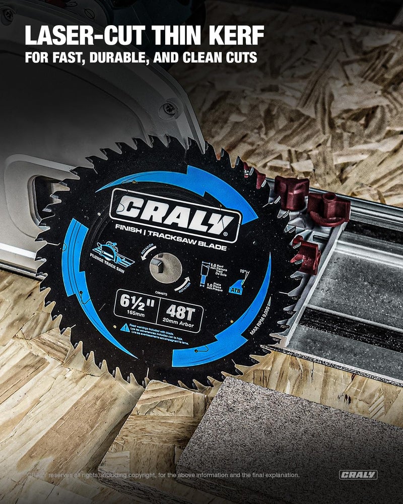 CRALY 6-1/2 Inch 48 Teeth Track Saw Blade, Ultra Finish Wood Cutting Plunge Circular Saw Blade, 5/8 Inch Arbor, Carbide Tipped, Thin Kerf, Black Ice Coating, for Plywood, MDF, OSB, Laminated(C0648TS) - Image 4